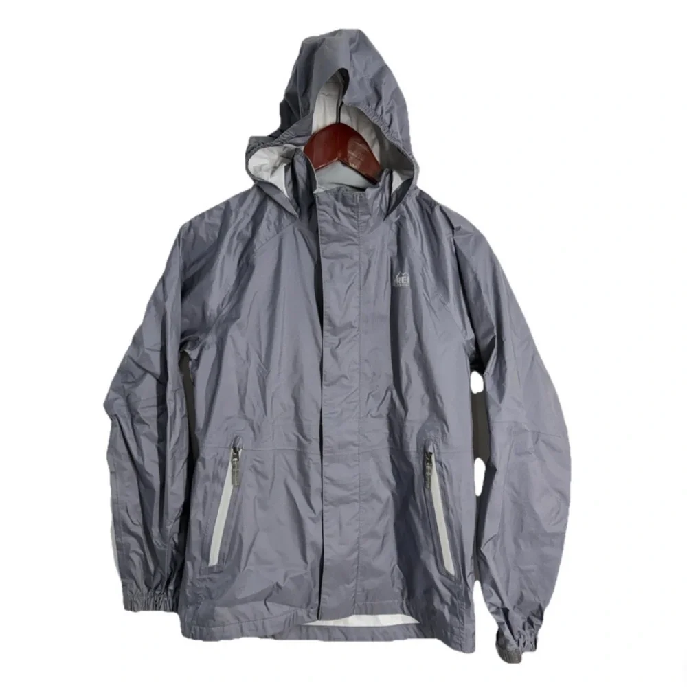 REI Co-op Rainwall Rain Jacket Kids Large 14-16 Gray Silver Full Zip Waterproof